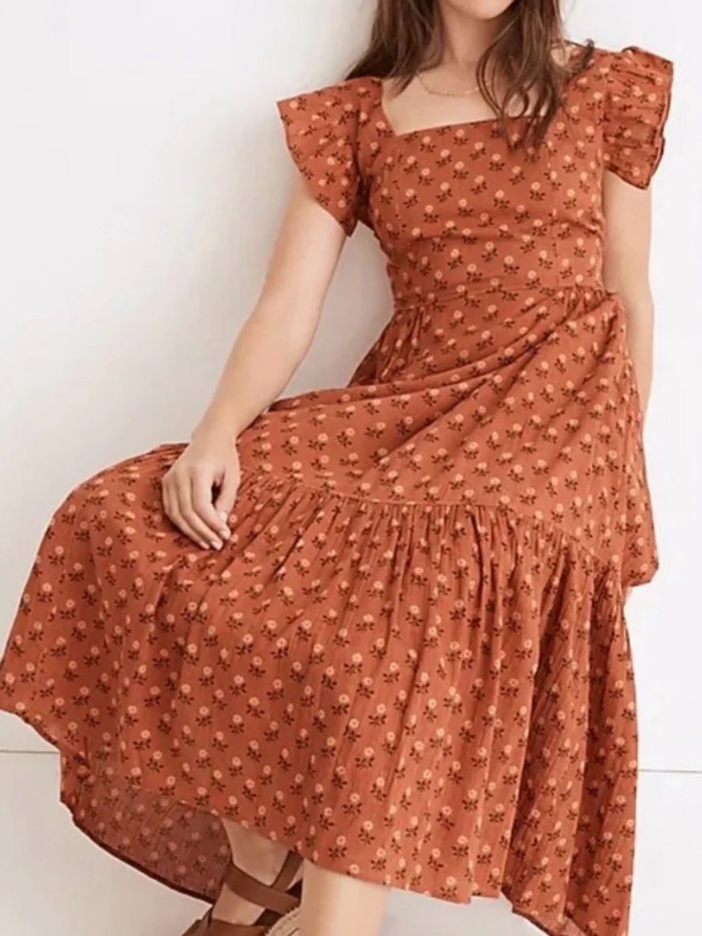 NWT Madewell Ruffle-Strap Tiered Midi Dress in Wild Calendula Block-Print Sz. XS